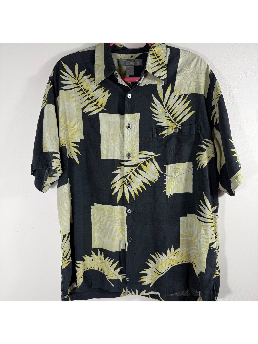 Vintage 90s Tori Richard 100% Silk Hawaiian Shirt Black Yellow Palm Leaf | L